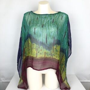 Vintage Sheer Watercolor Y2K Poncho Asymmetrical Blouse Top OSFM By Phool Blue